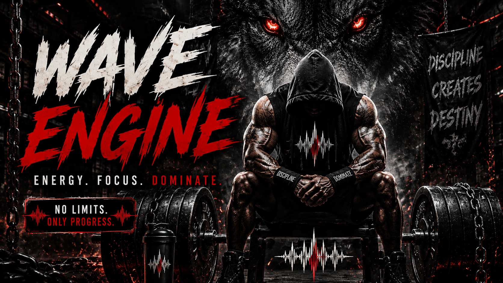 Wave Engine Beast Mode artwork featuring a hooded athlete in a cinematic gym setting